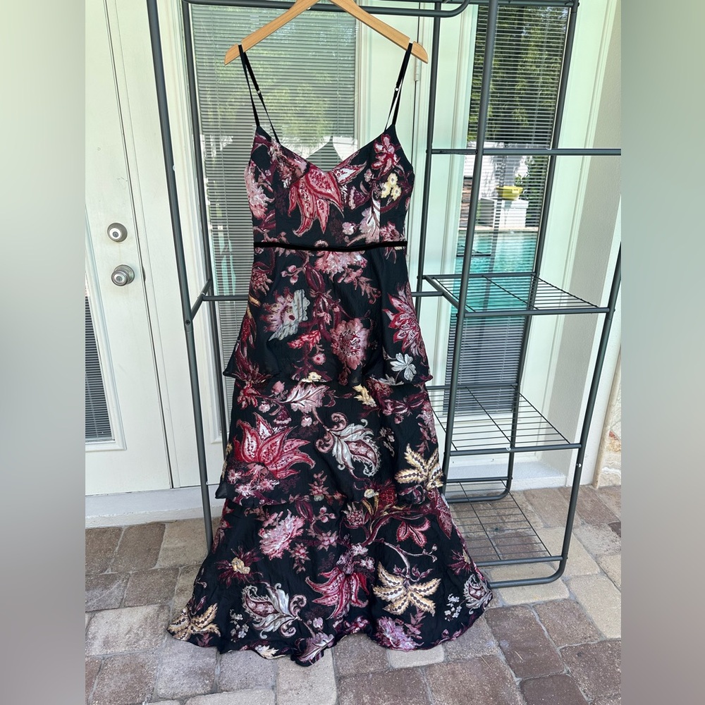 Marchesa Black and Pink Floral Maxi Dress